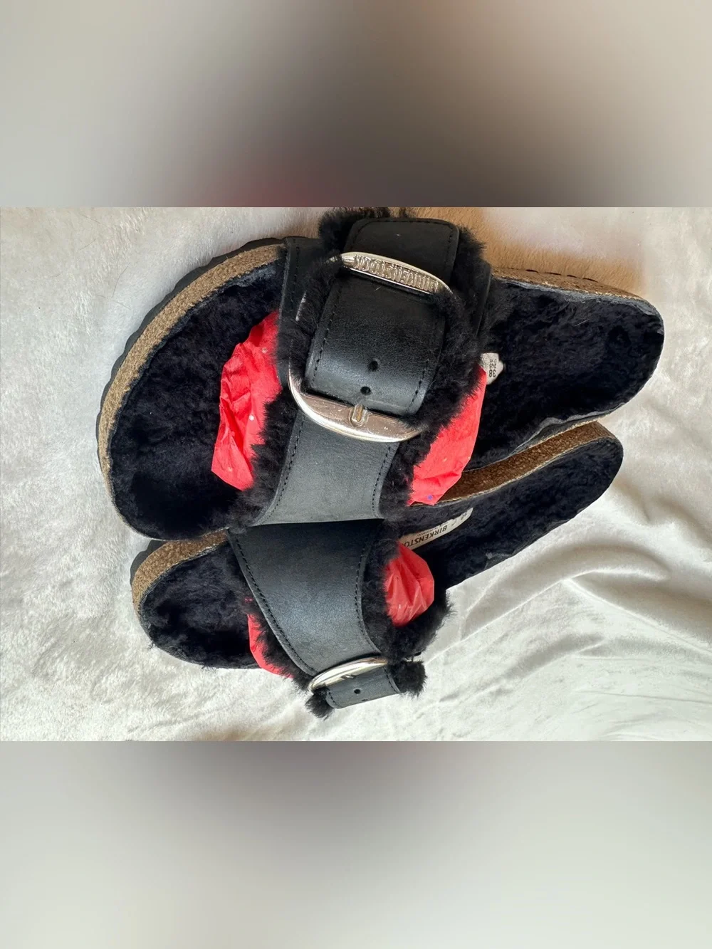 Birkenstock - Black Furry Slide Sandals with Silver Buckle